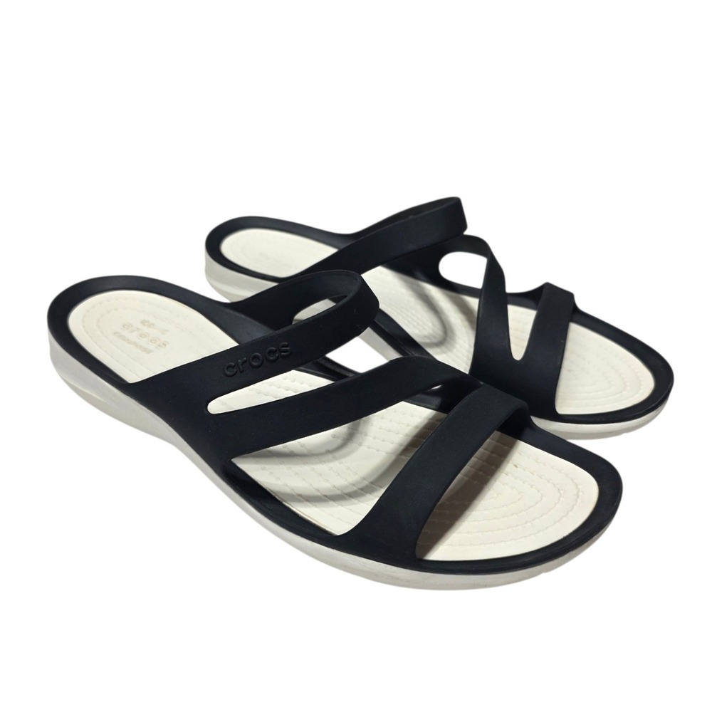 Crocs Swiftwater Sandal Womens 9 Black White Strappy Comfort Slip On - Picture 10 of 10